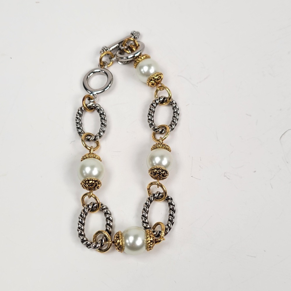 Premier Designs Faux Pearl Beaded Bracelet Silver Gold Tone Toggle Chain 7.25"